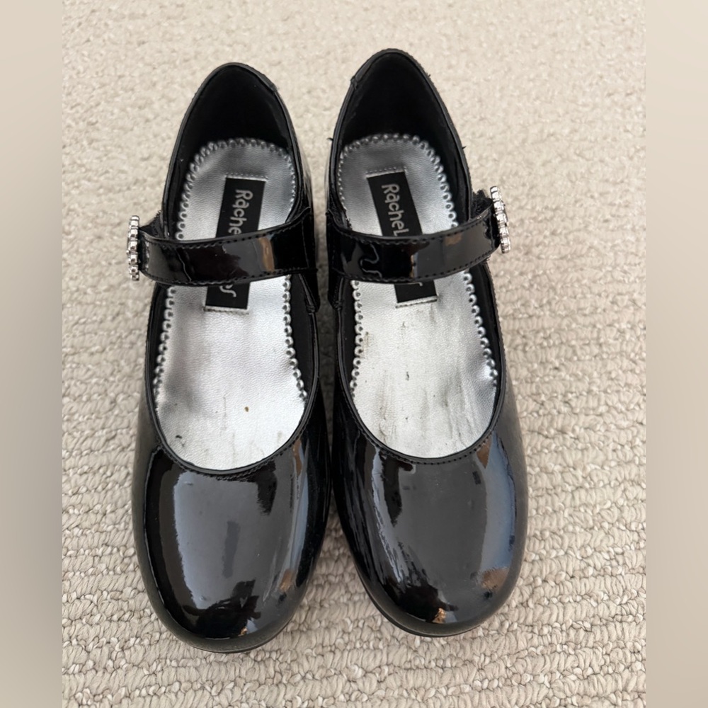 Rachel Shoes Black Patent Mary Jane Heels • Girls Size 1M • Rhinestone Buckle